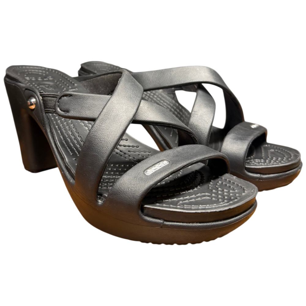 CROCS Cyprus Iv Women's 9 Black Strappy Slip On Strappy Chunky Heel Platform - Picture 3 of 13